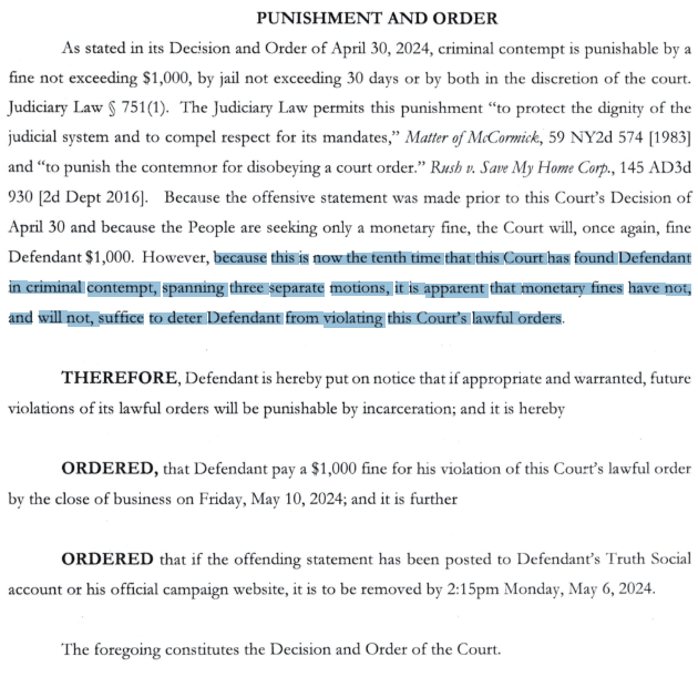 Merchan sounds like he's done with merely fining Trump. '... Because this is now the tenth time that this Court has found [Trump] in criminal contempt, spanning three separate motions, it is apparent that monetary fines have not and will not suffice to deter Defendant from…