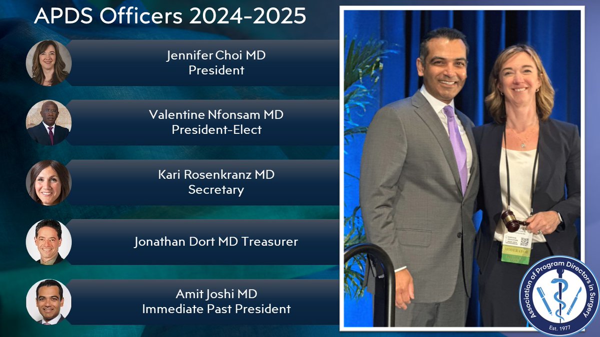 APDS surgery (@apdsurgery) on Twitter photo Congratulations <a href="/jenchoi_iu/">Jennifer Choi</a>, our newly elected APDS President! Proud to announce our 2024-2025 Officers <a href="/ValNfonsam/">Val Nfonsam</a> <a href="/JonathanDort1/">Jonathan Dort</a> <a href="/amitrtjoshi/">Amit R. T. Joshi, MD, FACS</a> and Dr. Kari Rosenkranz 🎉 Congratulations <a href="/jenchoi_iu/">Jennifer Choi</a>, our newly elected APDS President! Proud to announce our 2024-2025 Officers <a href="/ValNfonsam/">Val Nfonsam</a> <a href="/JonathanDort1/">Jonathan Dort</a> <a href="/amitrtjoshi/">Amit R. T. Joshi, MD, FACS</a> and Dr. Kari Rosenkranz 🎉