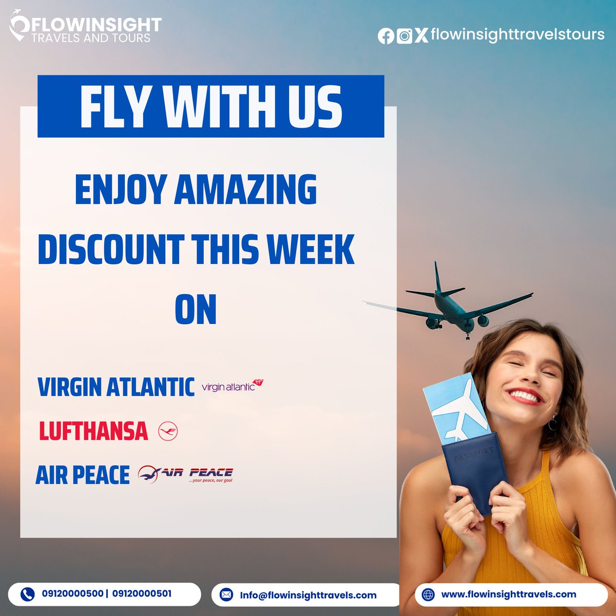 That’s right! Enjoy amazing discount when you fly any of these airlines!

Don’t be left out, reach out today and secure your slots

P.s terms and conditions applies

For Booking and Reservation

Send a Dm

Or

Call

09120000501
09120000500

#discount
#flightdeals
#amazingoffer