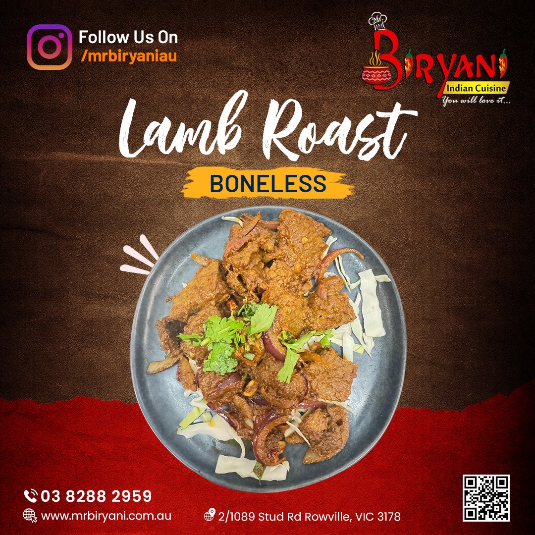 Savor the flavor of our tender, juicy boneless lamb roast

Don't forget to follow us on Instagram for more tasty deals!
#TenderTaste #LambRoast #JuicyLamb #MrBiryani #indianrestaurant #DeliciouslyBoneless #ChickenBiryani