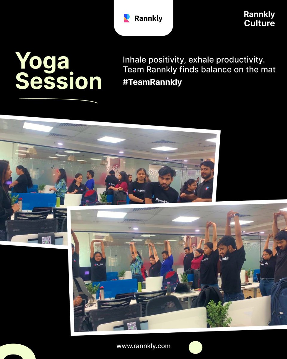 Let's stretch, breathe, and recharge together.🧘‍♂️🧘‍♀️ 

#Yoga #TeamRannkly #Wellness #MondayMotivation #Mindfulness #WorkLifeBalance #HealthyLiving #EmployeeWellbeing #Namaste #TeamBonding