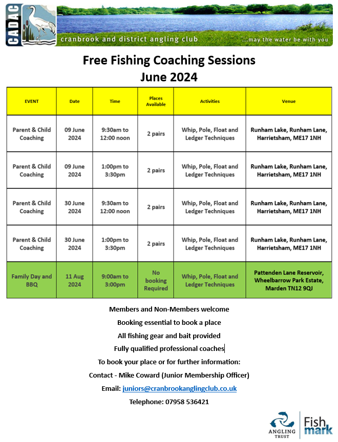 CADAC_Fishing's tweet photo. The club is holding some FREE junior coaching sessions in June - book a place now!
To book your place or for further information:
Contact - Mike Coward (Junior Membership Officer)
Email: juniors@cranbrookanglingclub.co.uk
Telephone: 07958 536421
https://t.co/ltWgr57a24 https://t.co/MLPCnIQ4Qo