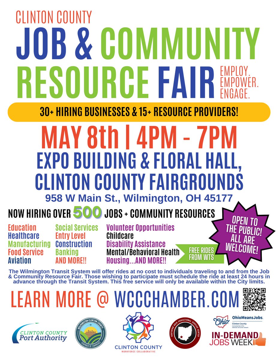 A big THANK YOU to the #WilmingtonOH Transit System for offering FREE rides to this week's #JobFair! Rides must be scheduled at least 24 hours in advance by calling (937) 382-7961. #OpportunityKnocks #InDemandJobsWeek #EconDevWeek #ClintonCountyWorkforceCollaborative