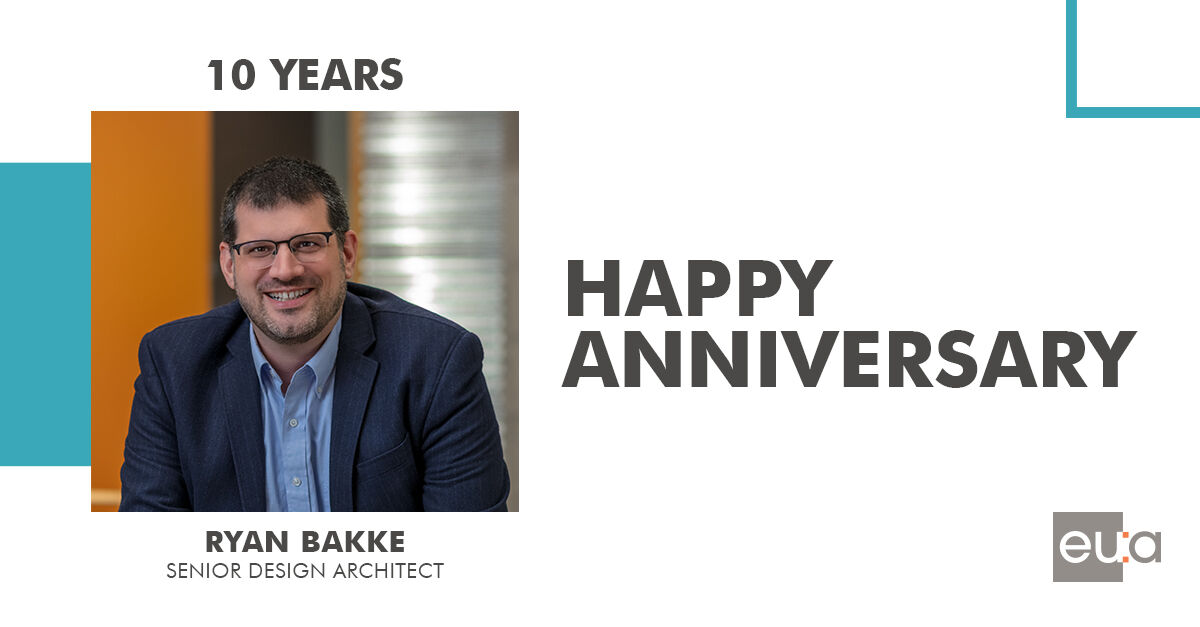 Congratulations to Ryan Bakke, senior design architect, on his 10-year work anniversary at EUA! Ryan's passion for design shines through his work, elevating our clients' experience and leaving a lasting impression with each space.