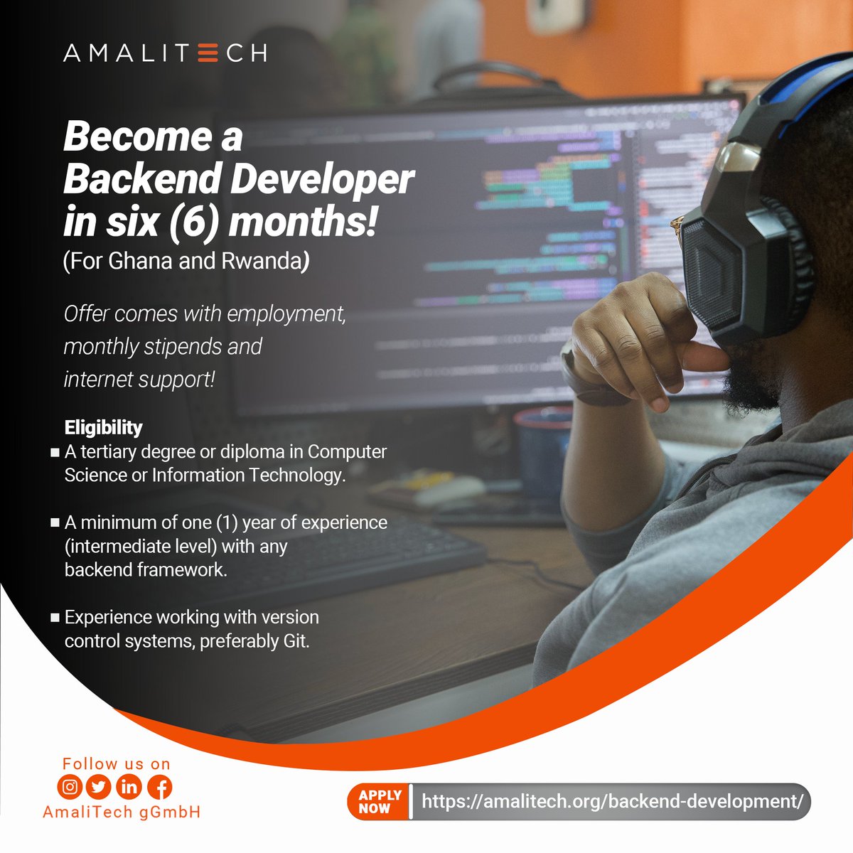 We've extended applications for our Frontend(amalitech.org/frontend-devel…) and Backend(amalitech.org/backend-develo…) specializations of our Graduate Trainee Programme in Ghana, Kumasi and Rwanda, Kigali. The 6-month free training offers a direct employment path, monthly stipend, &…