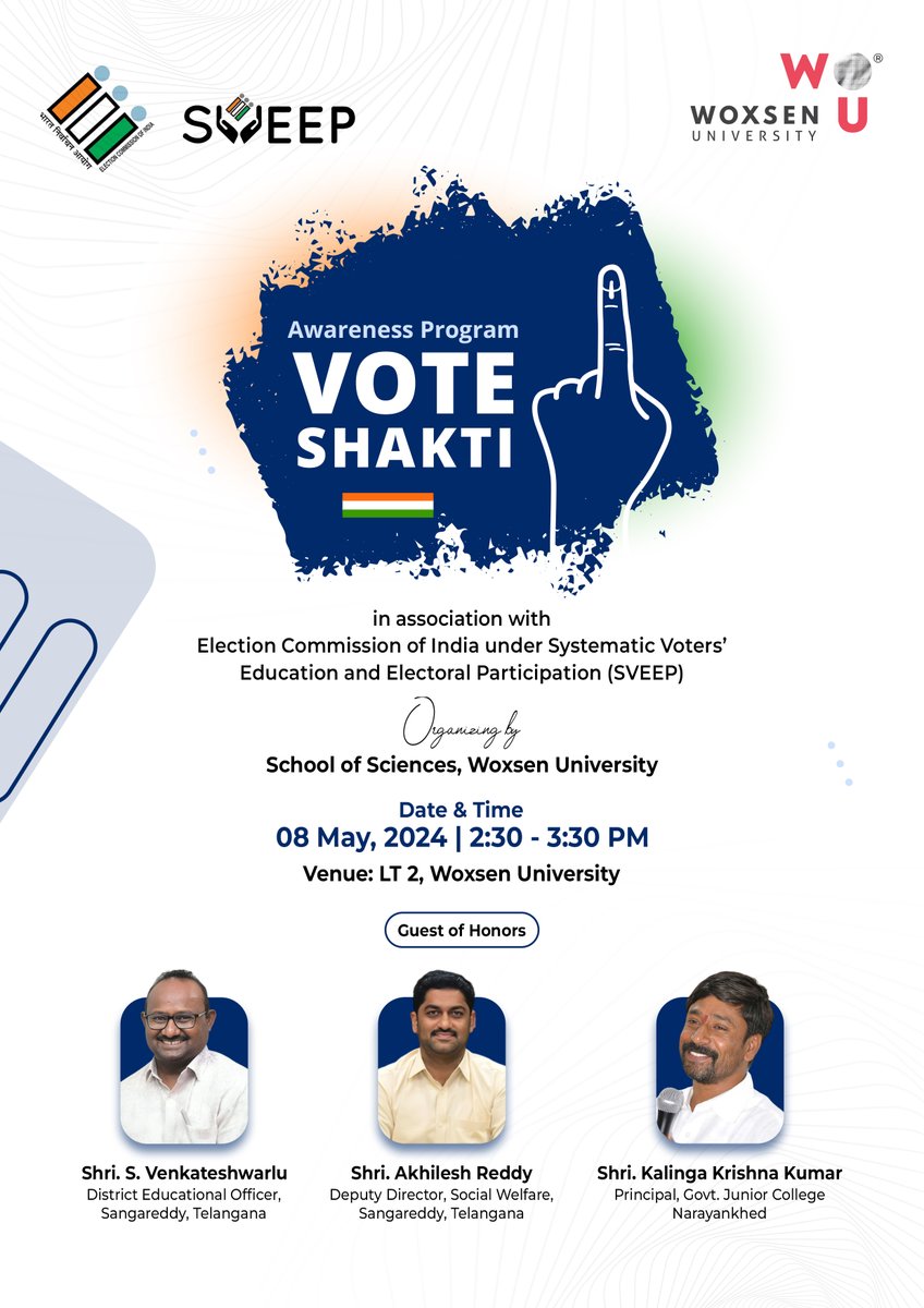 Woxsen University in association with the Election Commission of India's Systematic Voters' Education and Electoral Participation initiative, is proud to present 'Vote Shakti,' a Voter Awareness Program.

#VoteShakti #WoxsenUniversity #ElectionCommissionOfIndia #SVEEP #Elections