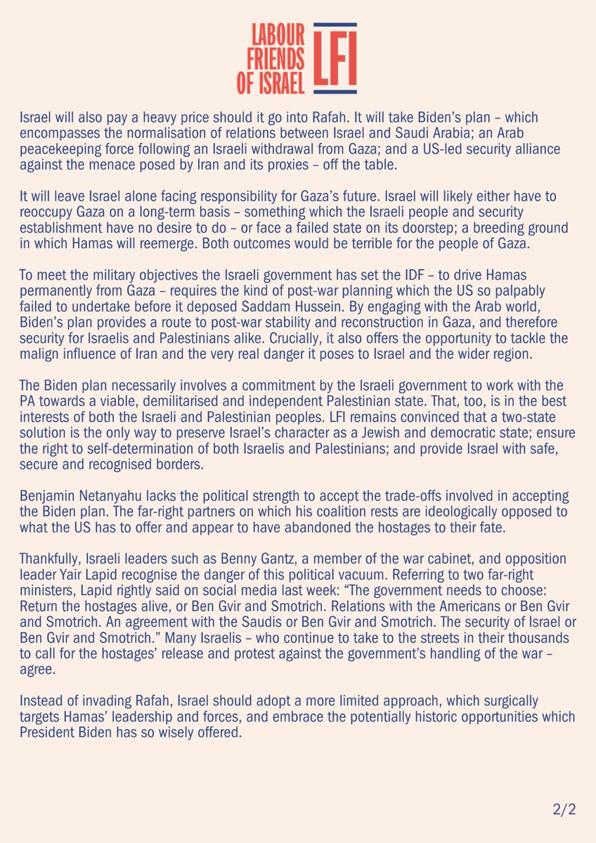 A large-scale invasion of Rafah would be a huge mistake. Instead, Israel should opt for a more limited approach to surgically target Hamas’ leadership and forces, and embrace the opportunities for regional normalisation which Biden has so wisely offered. Our statement 👇