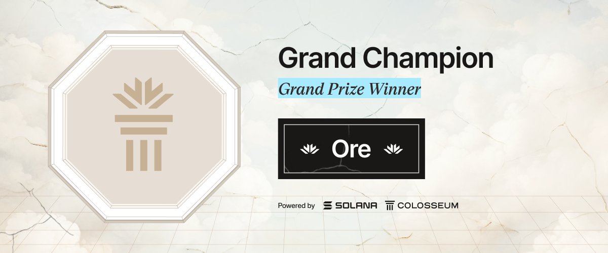 @ColosseumOrg 2/ 🏆 The Renaissance Hackathon Grand Champion and recipient of the $50,000 USDC prize is @OreSupply, a new digital currency that enables anyone to mine using a novel proof-of-work algorithm on Solana. See you in Singapore at @SolanaConf Sept. 20-21! arena.colosseum.org/projects/explo…