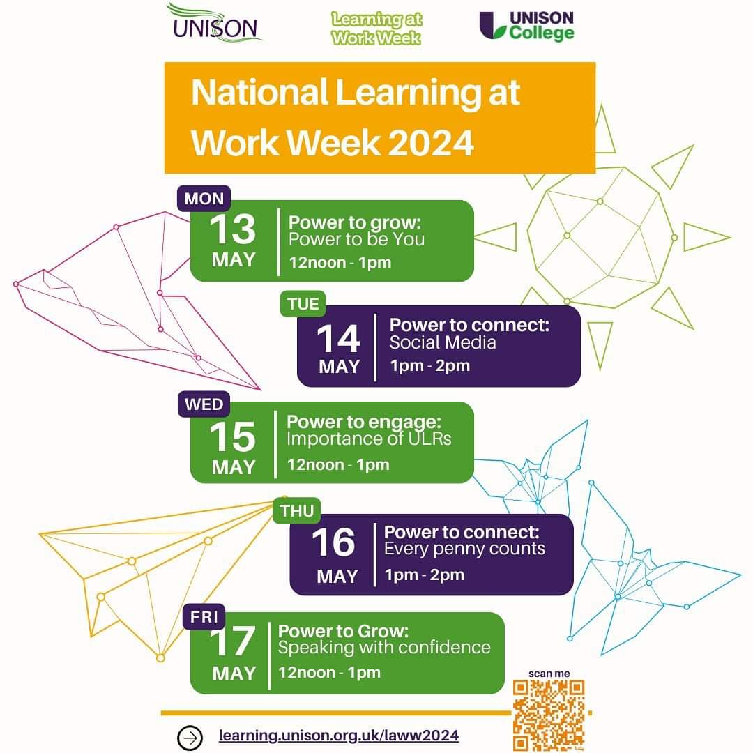 Explore the power of learning!🤯 All sessions free of charge and open to all. Register now ⏩ learning.unison.org.uk/laww2024/ Unison College National Learning at Work Week. 🗓️13-19 May #LearningAtWorkWeek #LearningPower2024