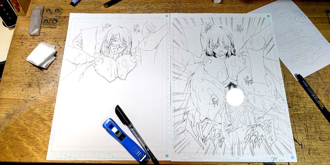 フィニッシュシーン。
正面顔が苦手なので、顎を引き気味顔に逃げたのですが、
イキ上目が睨んでいるみたいにみえるのでアへ顔に修正。
まあ、アへ顔も苦手なのですが(苦笑)。
連休最終日の夜。ダイナミック切り張り修正! 