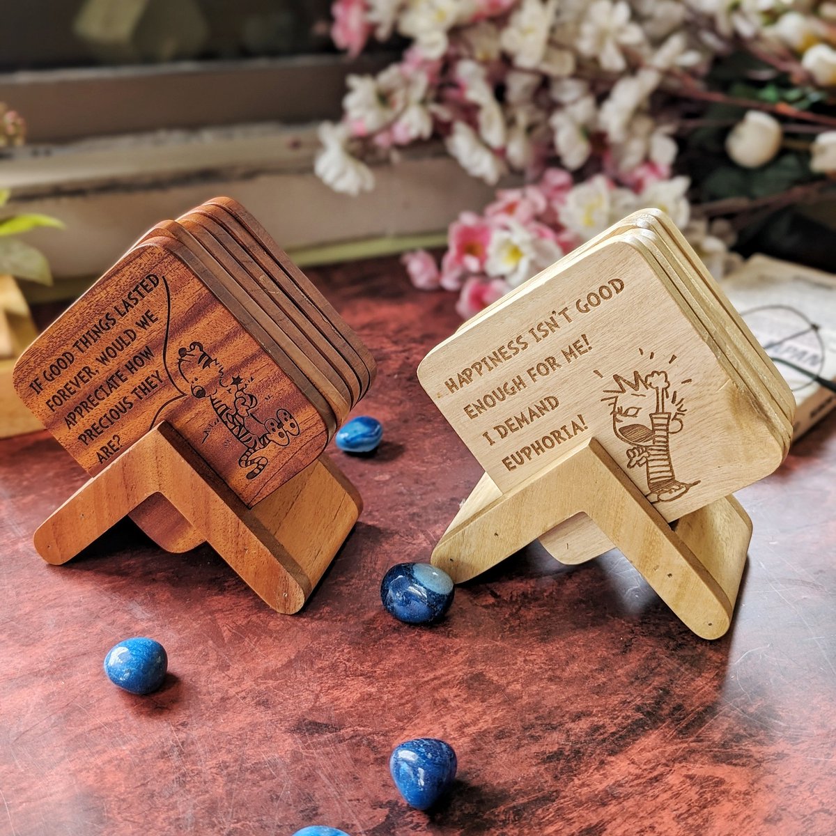 Spice up your coffee table game with these unique and nostalgic coasters! Each set features intricate engravings of iconic comic strips from Calvin and Hobbes, making it a must-have for any fan. #WoodenCoasters #CalvinAndHobbes #HomeDecor #Nostalgia #ComicBookLove