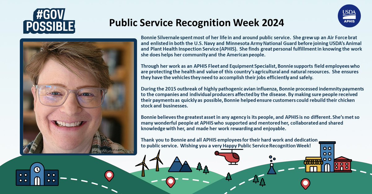 It’s Public Service Recognition Week, and today we want to celebrate Bonnie Silvernale – a Fleet & Equipment Specialist with APHIS Marketing and Regulatory Programs Business Services. Thank you, Bonnie, and all public servants for making #GovPossible. #PSRW