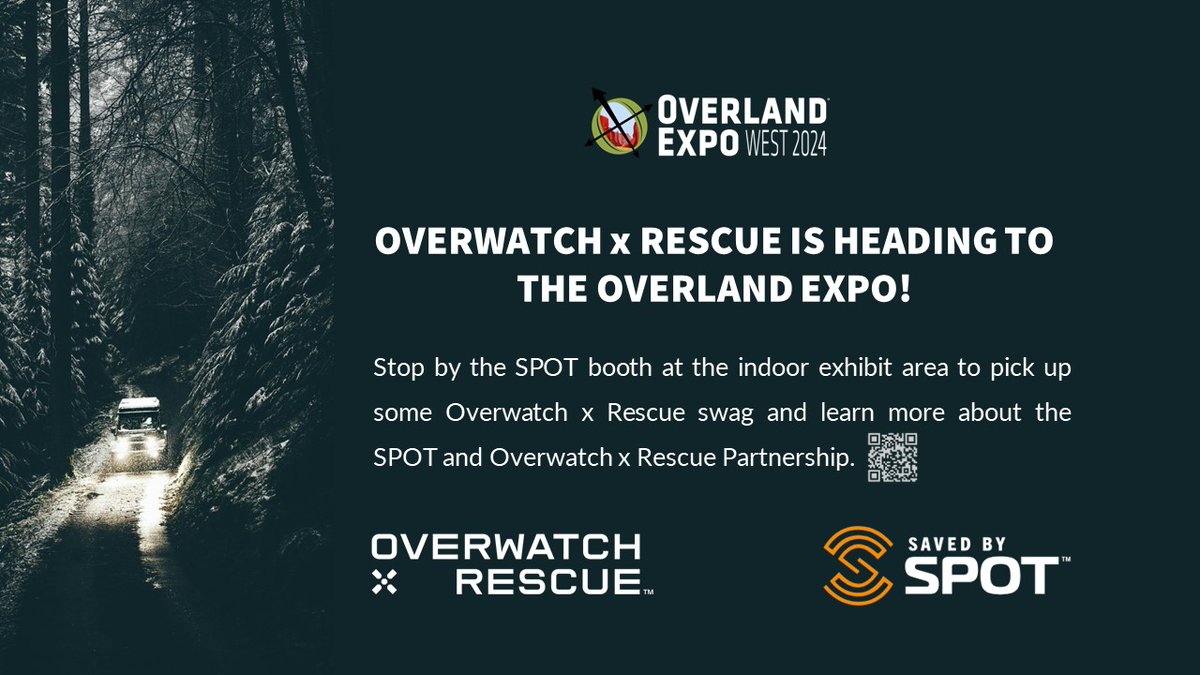 Stop by the SPOT booth at Overland West in Flagstaff, AZ on May 17th &amp; 18th to learn how Overwatch x Rescue helped SPOT accomplish over 10,000 rescues and pick up some stickers and pull patches while you’re there.

#Overland #OverlandExpo #Satcom #d2d #OffGrid #SPOTX #savedbyspot