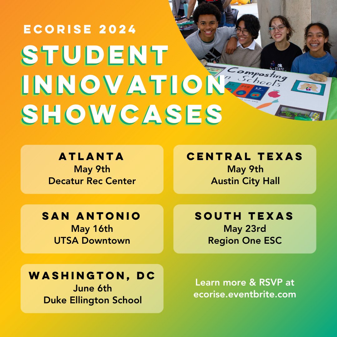 Showcase season is here, & we're thrilled to present brilliant EcoRise student innovators in five cities across the U.S.! Will you join us to celebrate creativity, sustainability, & the leaders of tomorrow with us? RSVP at ecorise.eventbrite.com. Together, #WeRise. 🚀