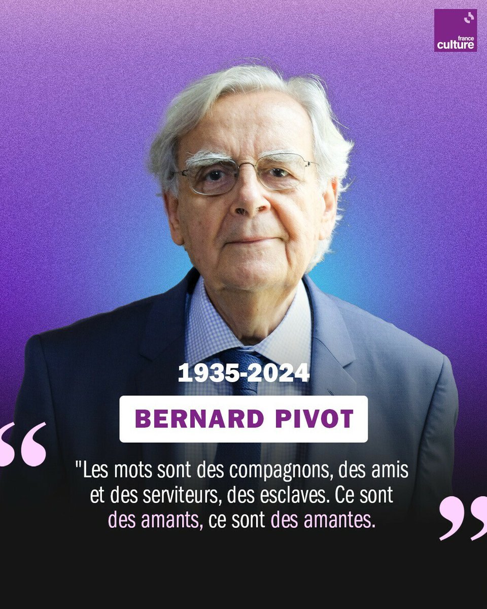 Les mots de la langue française, il les aimait plus que tout. Passeur de savoir, présentateur historique de l'émission télévisée 'Apostrophes', Bernard Pivot est mort à l'âge de 89 ans.⁠ ➡️ l.franceculture.fr/Zl1