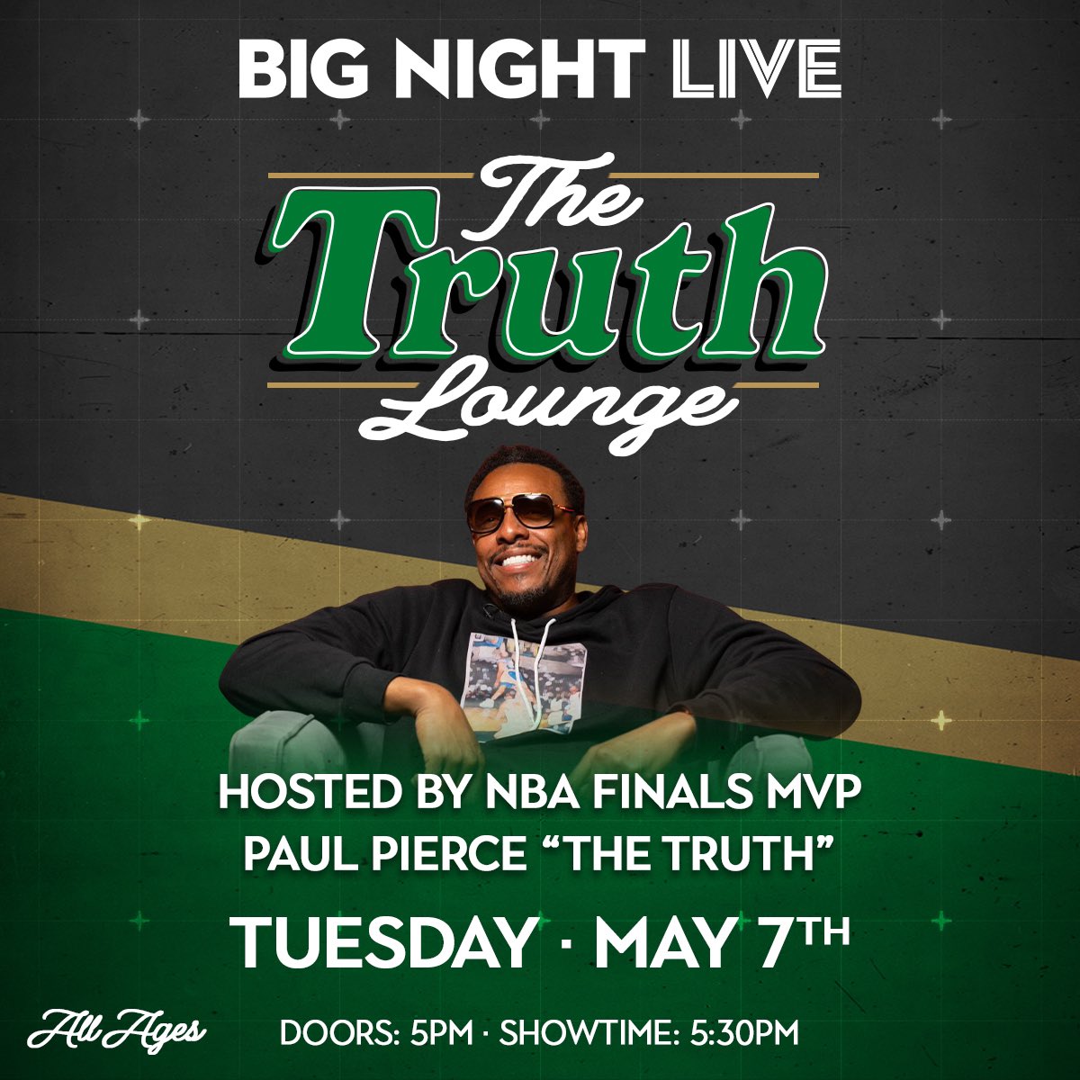 THE TRUTH IS LIVE IN BOSTON TOMORROW ☘️ Don’t miss your chance to catch @paulpierce34 live at @bignightlive on 5/7 at 5:30pm. Get your tickets here: ticketmaster.com/event/010060A1…