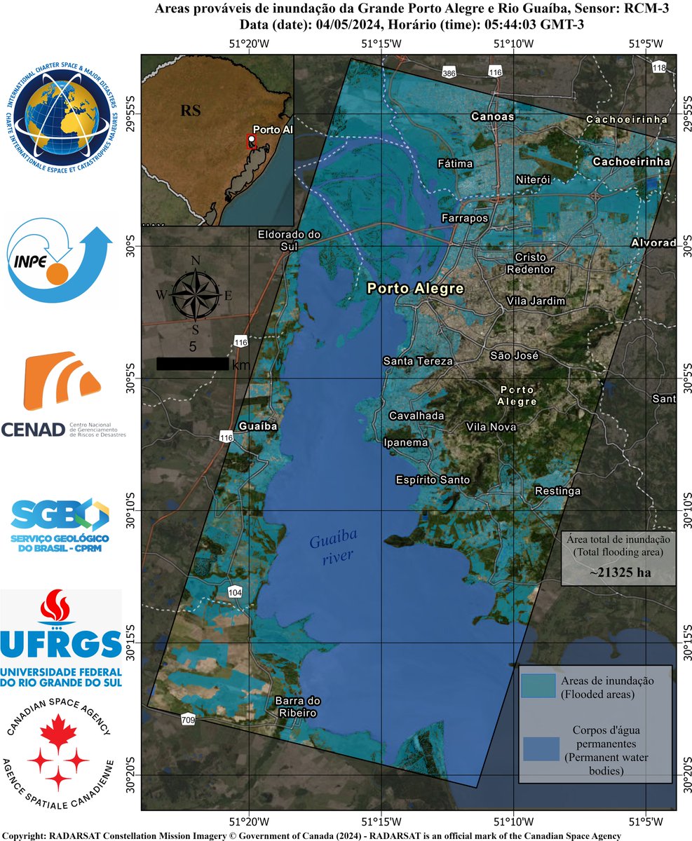 Imagem de satélite revela extensão da inundação no Vale do Taquari no Rio Grande do Sul - notícia reproduzida de @gov_mcti obt.inpe.br/OBT/noticias-o… Veja mais mapas em disasterscharter.org/web/guest/acti… @DisastersChart