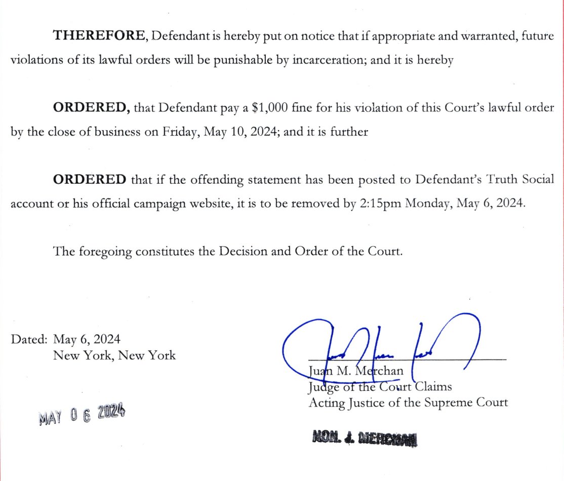Justice Merchan to Trump: 'Defendant is hereby put on notice that if appropriate and warranted, future violations of its lawful orders will be punishable by incarceration.' Read the latest contempt order here nycourts.gov/LegacyPDFS/pre…