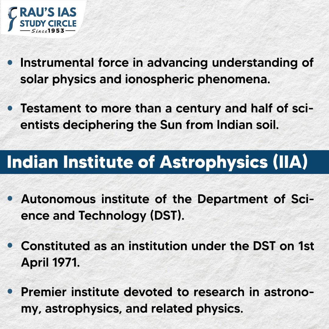 Kodaikanal Solar Observatory (KSO) celebrated its 125th anniversary on 1 April 2024. KSO is managed by the Indian Institute of Astrophysics (IIA), an autonomous institute under the Department of Science and Technology (DST). Read more : compass.rauias.com/current-affair… #RausIAS