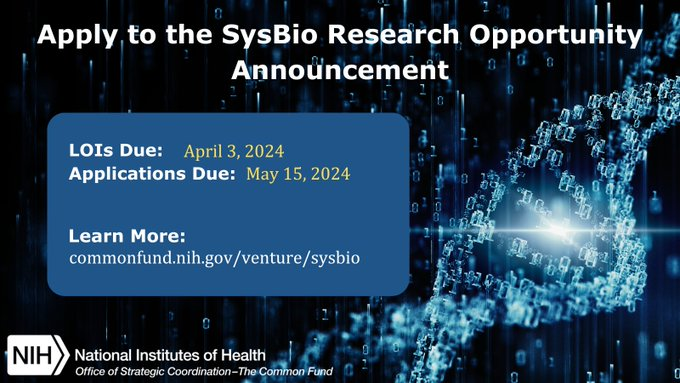 Only one week left to submit your applications to the #NIHCommonFund’s #SysBio #ResearchOpportunity Announcement! Contribute to this exciting initiative by submitting your plans for #dataset integration today: commonfund.nih.gov/venture/sysbio