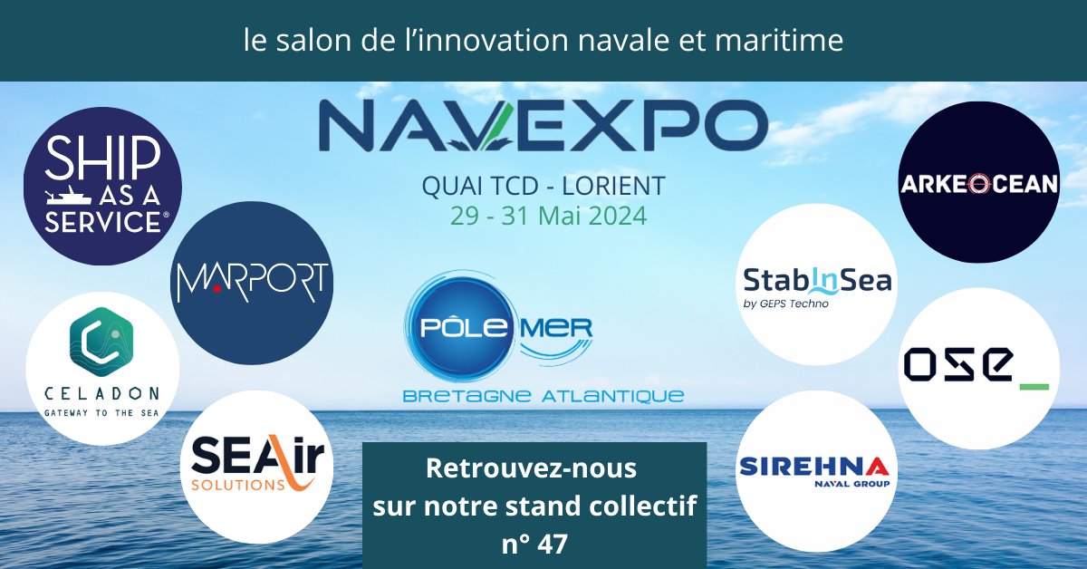 📢 Rendez-vous du 29 au 31 mai, à Lorient, au salon @Navexpo_Lorient, le salon de l'innovation navale et maritime ! 📍Stand n°47 avec @ShipAsAService, Marport, Céladon, @SEAirFrance, StabInSea by @gepstechno, @arkeocean, OSE Engineering et Sirehna 👉 navexpo.com/fr/