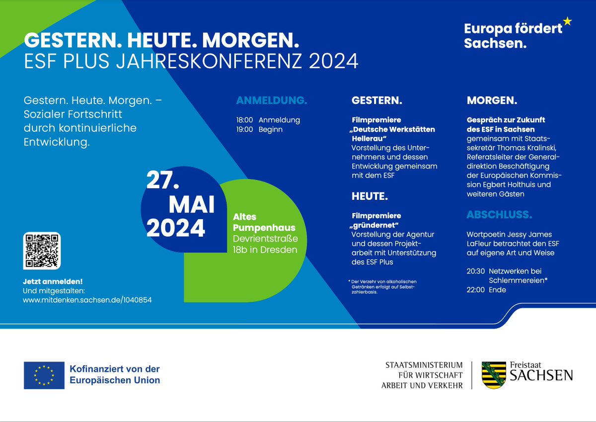 🇪🇺 #Europa fördert #Sachsen! Auf der #ESF-Plus Jahrestagung diskutieren wir am 27. Mai in #Dresden über die Entwicklung und Zukunft der EU-Förderung durch den Europäischen Sozialfonds! ℹ️ Informationen und Anmeldung im #ZUKUNFTblog: smwa.sachsen.de/blog/2024/05/0…