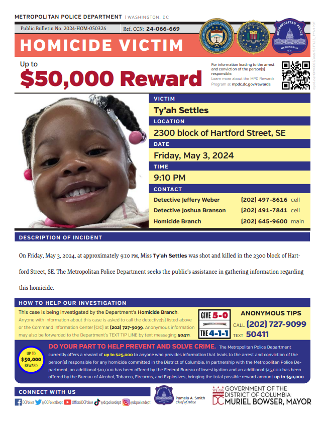 Three-year-old Ty'ah Settles was shot and killed on Friday in the 2300 block of Hartford Street SE. The reward for information regarding the shooting has increased to $50,000. Have info? Call 202-727-9099/text 50411. Read more: mpdc.dc.gov/release/increa…