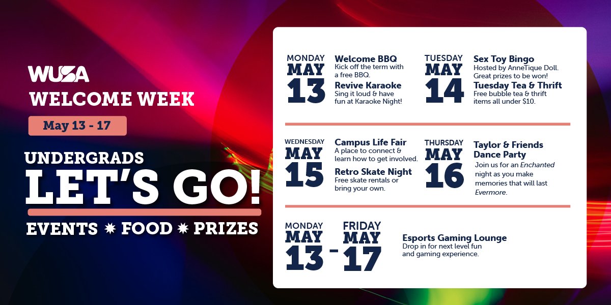 Ready to kickstart the Spring term with Welcome Week!? 🌻🎉

From a Welcome BBQ, the Campus Life Fair to Sex Toy Bingo &amp; a Karaoke Night uptown, enjoy an exciting series of events from May 13-17! 🤩

➡️ Details at wusa.ca/events. See you there! #WUSAwelcomeweek