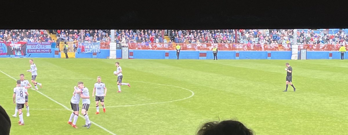 Game on. Jamie Gullan equalises with free after Drogs GK Jethren Barr sent off for hauling down sub Cameron Elliott on edge of box. 10 mins left (plus stoppage for another pyro on pitch - from away section).