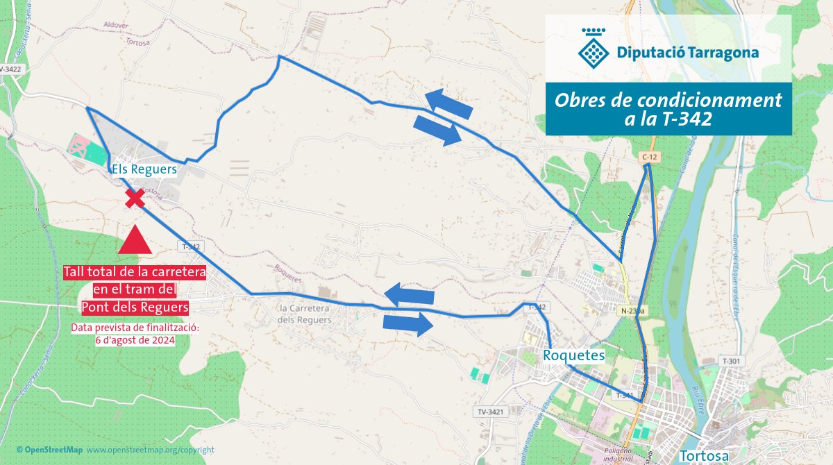 #CarreteresDipta 🔴 Des d'avui i fins a l'agost, la carretera T-342, que uneix #ElsReguers i #Roquetes, romandrà tallada en el tram del Pont dels Reguers a causa de les obres de condicionament de la via ℹ dipta.cat/noticies/tall-… #BaixEbre #Tortosa #AlfaradeCarles @transit