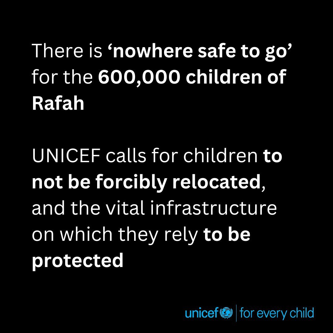Gaza: Hundreds of thousands of children are experiencing trauma, injuries, illness, malnutrition & more. @UNICEF warns a ground incursion in Rafah would pose catastrophic risks & calls for the urgent protection of children there. unicef.org/mena/press-rel…