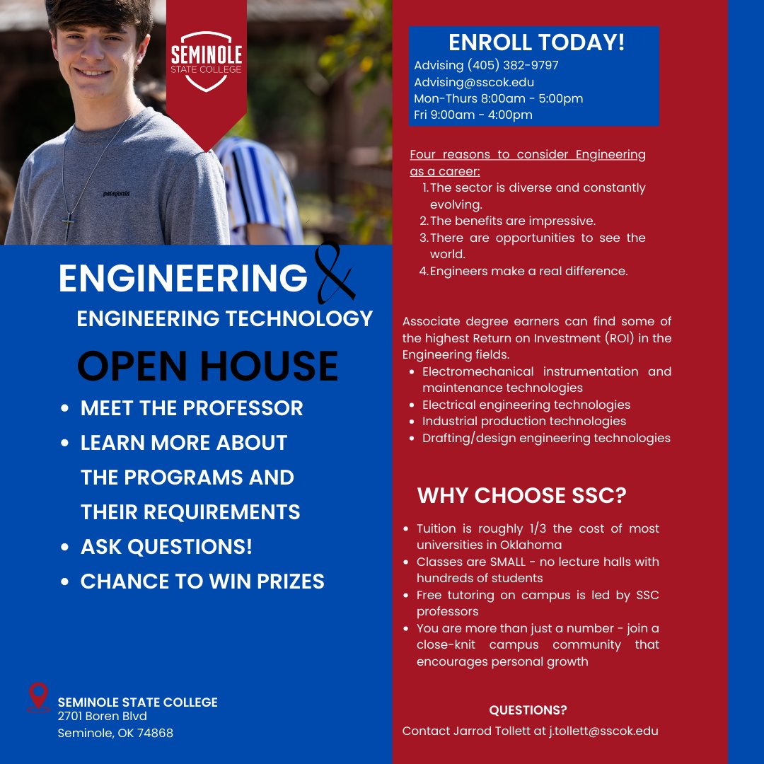 Due to the potential threat of severe weather, the Engineering and Engineering Technology open house will be rescheduled to May 13 from 4:00 p.m. to 6:30 p.m. in Tanner Hall room 505.