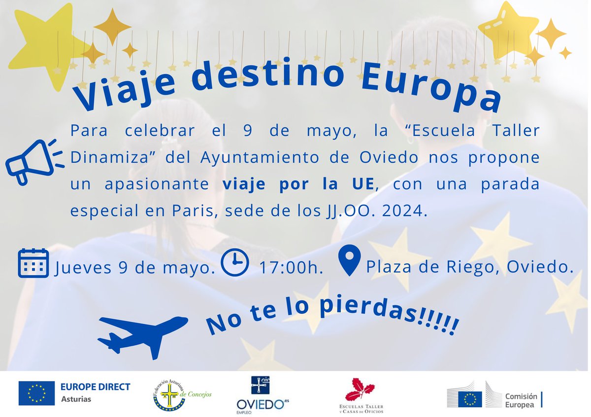 #9Mayo , esta es otra de las actividades que tenemos preparadas para celebrar el #DiaDeEuropa La Escuela Taller del @aytoviedo nos invita a un apasionante viaje por la #UE, será en la plaza de Riego de #Oviedo de 17:00 a 19:00h y habrá más sorpresas!! 🇪🇺🎊🎊 No os lo perdáis!!!!