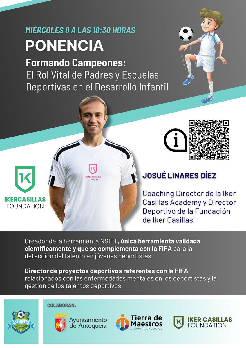 Es todo un honor ser parte de esta jornada junto con @antequeradeporte y de la mano de la <a href="/FundacionIker/">Fund Iker Casillas</a> . En ella trataremos la importancia del papel de los padres en el desarrollo de los jóvenes deportistas, entre otras muchas cosas.
¡Nos vemos allí! ⚽️