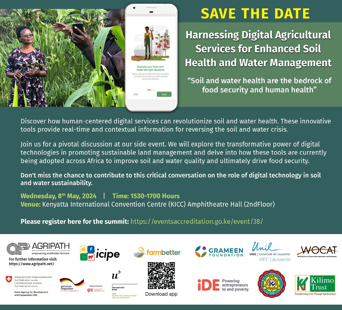 Join us at the #AgriPath side event at #AFSH24 and discover how human-centred digital services can revolutionize soil and water health! 📅 8 May 15:30-17:00 📌 Kenyatta International Convention Centre register here: eventsaccreditation.go.ke/event/38/ 🔎AFSH24 au.int/.../africa-fer…