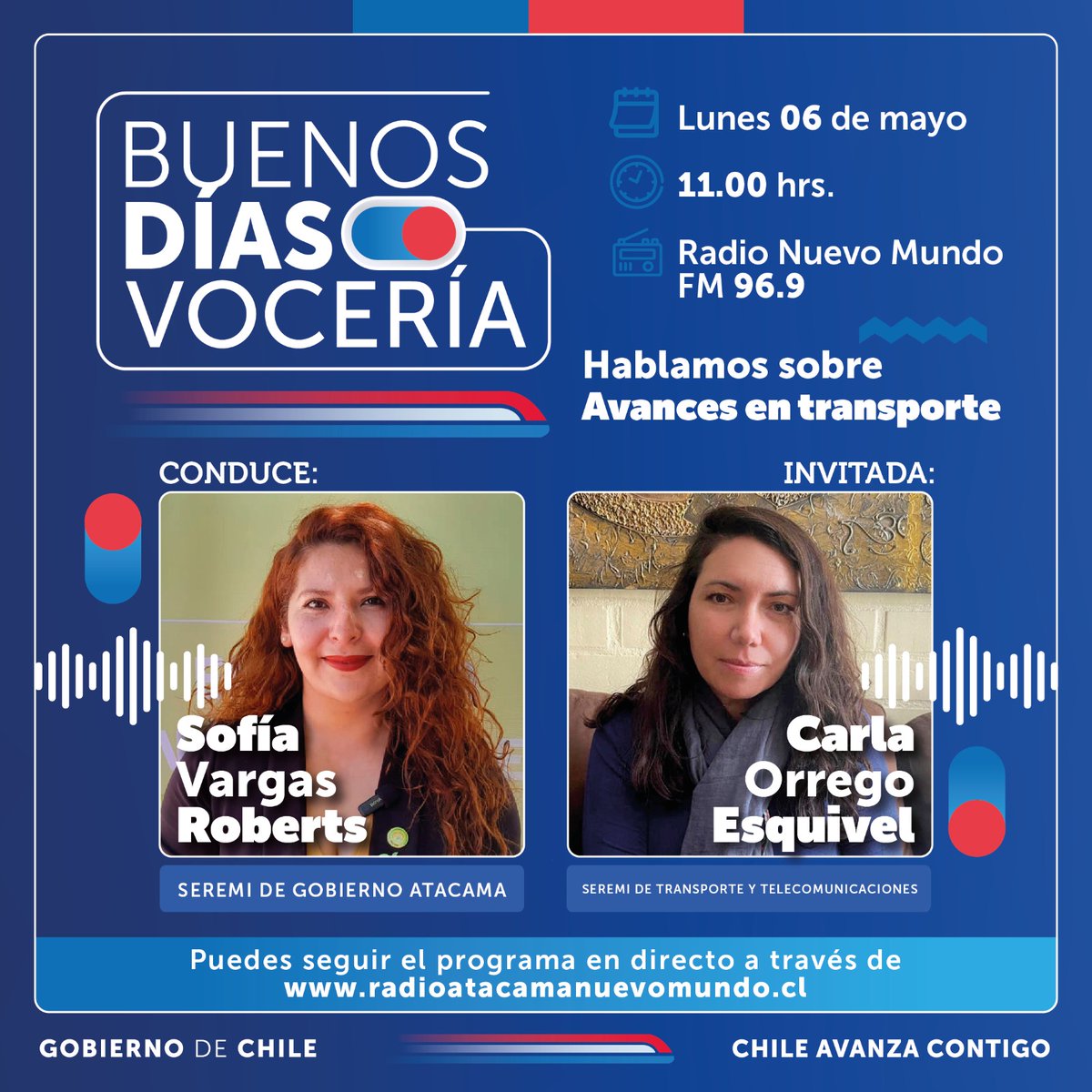 🎙️Hoy estrenamos "Buenos Días Vocería" por Radio Nuevo Mundo. Conversaremos sobre los avances en materia de transportes que se vienen para Atacama junto a la seremi de Transportes y Telecomunicaciones Carla Orrego.  Conduce: seremi Vocera de Gobierno Sofía Vargas Roberts.