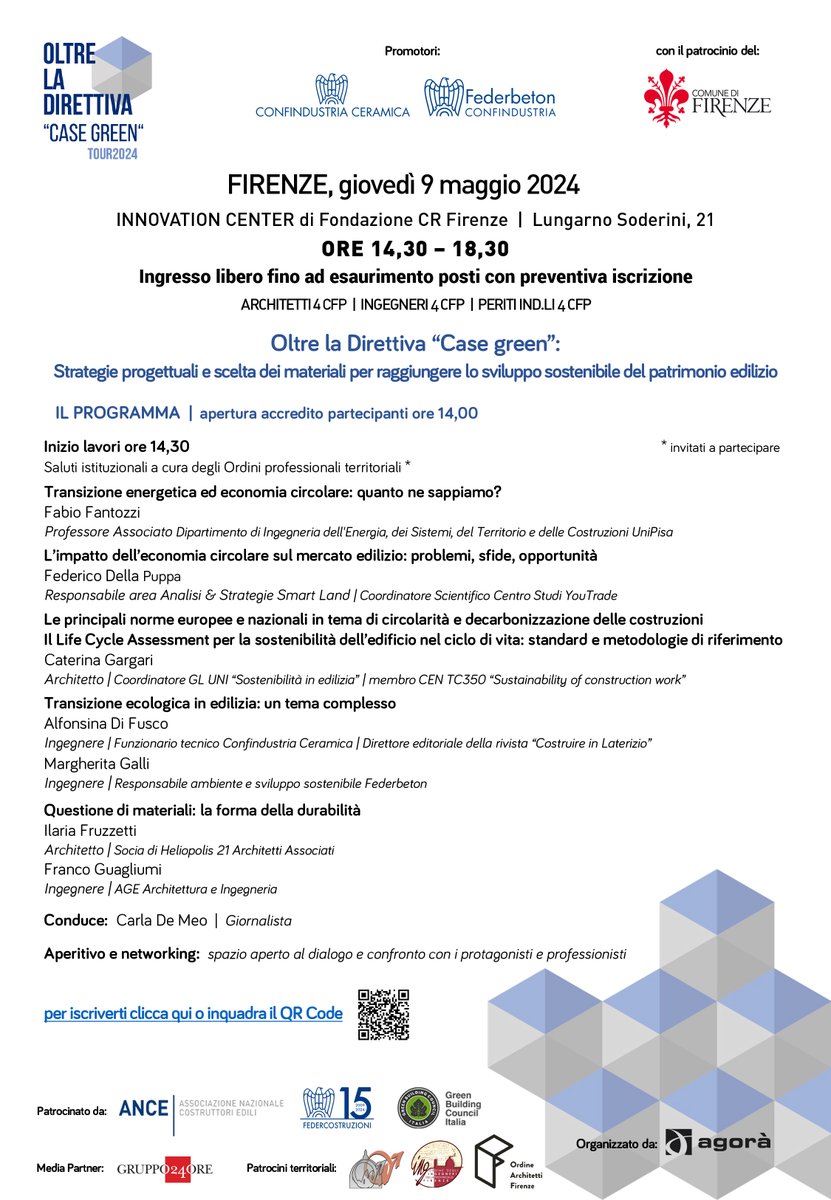 Laterizio's tweet image. 📅 GIOVEDI' 9 maggio 2024 | Firenze

1️⃣° TAPPA del TOUR2024 Oltre la Direttiva “Case green”, promosso da @Conf_Ceramica e @federbeton 
🏛️ 4 CFP per #Architetti, #Ingegneri e #Peritiindustriali
 
▶ Info e registrazione: laterizio.it/tour-sostenibi…