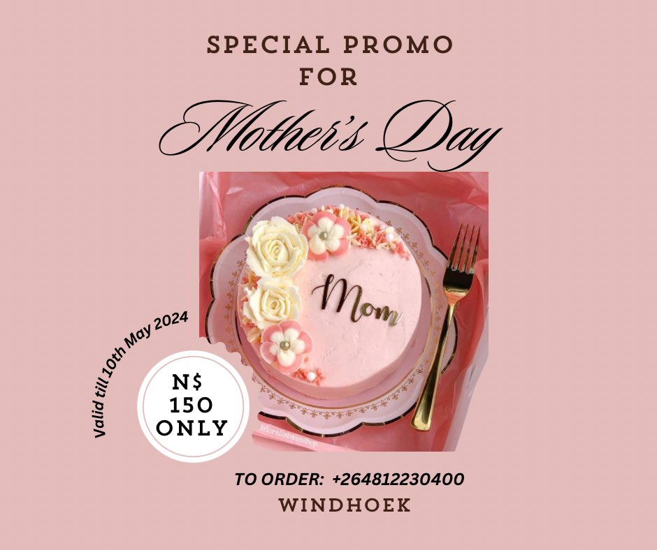 Hi Hello 😊

I am here again for a special day needs, Say “Happy Mother’s Day” to the Special Moms in your lives with our Yummy Moist cake.

📌N$150.00  

📌Text: +264812230400

📍WIndhoek

Please do Share/Rt, My customers are on your TL🙏🏽🥺

#mothersdaygiftideas #mothersday2024