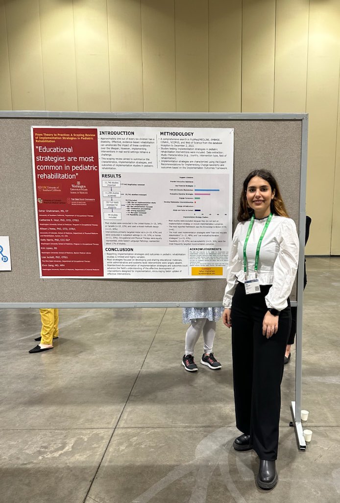So excited to share this wonderful PhD learners (Sahar was lead author on this!) poster on a review of implementation strategies used in pediatric rehab we did together! @wustl_impsci @WUSTLOT #ImpSci @USCChanOSOT