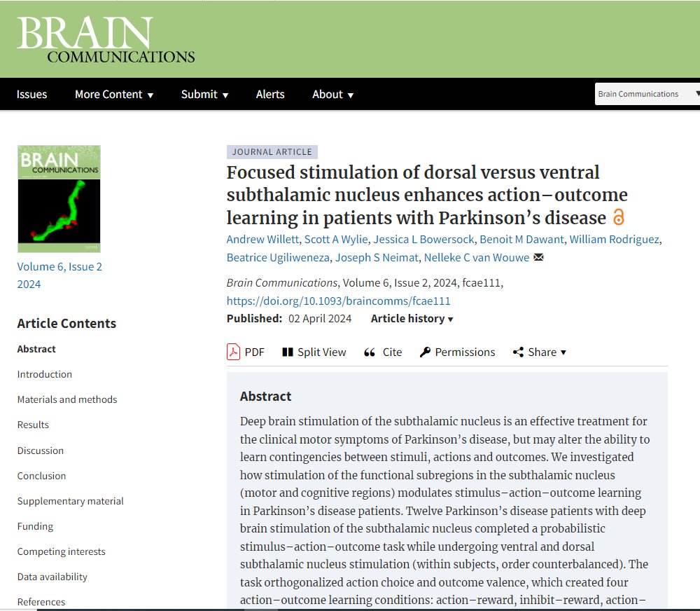 Congratulations to our team! This journal article on deep brain stimulation was recently published in @braincomms. Read the article here: academic.oup.com/braincomms/art… #UofLNeurosurgery #Neurosurgery #MedTwitter #DeepBrainStimulation #ParkinsonsDisease @UofLHealth @UofL