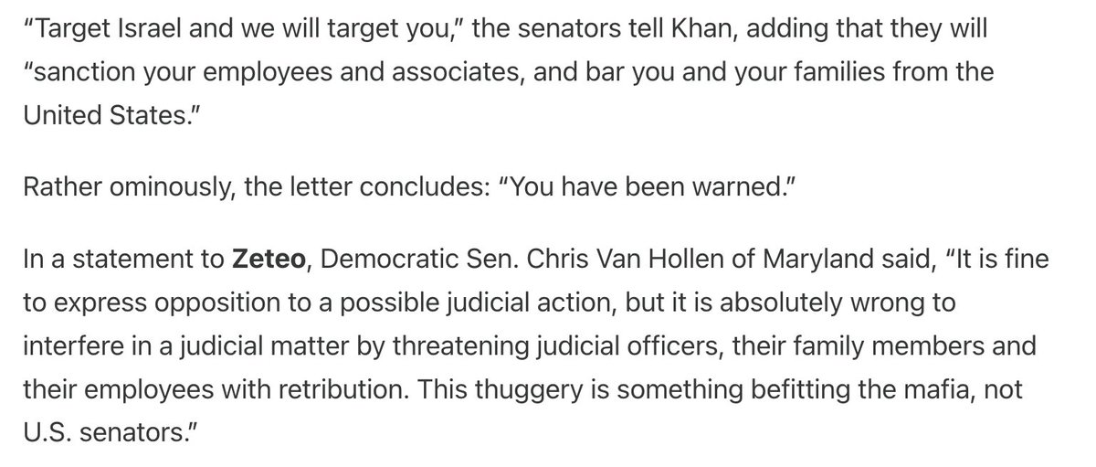 Read the full letter from 12 Senate Republicans, inc Cruz & Cotton & McConnell, to @KarimKhanQC, that we are posting on @zeteo_news, and read also the scathing response to it we got from Dem Sen. @VanHollenForMD: zeteo.com/p/exclusive-yo…