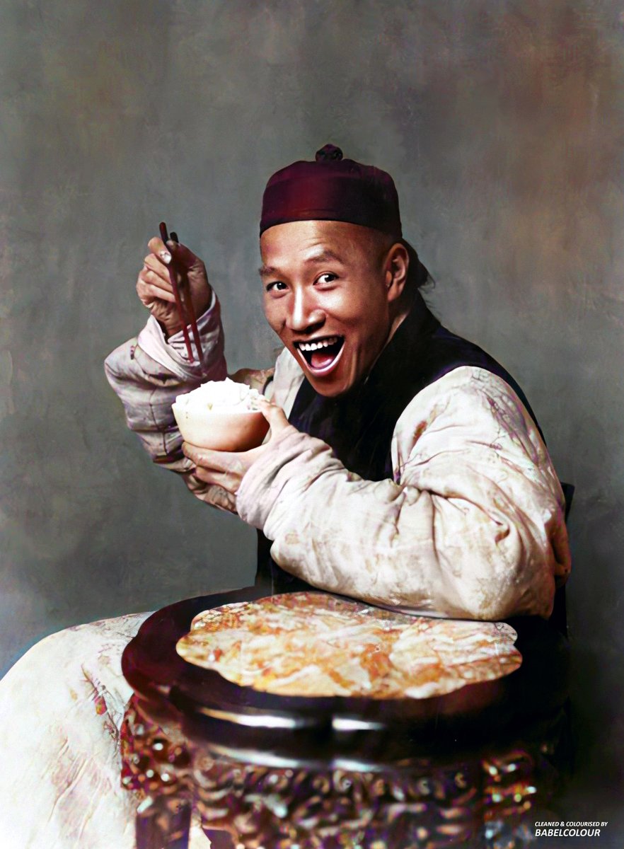 StuartHumphryes's tweet photo. This startlingly modern-looking photo was collected in China 123 years ago, and its delighted diner shatters our preconceptions about how stiff & formal Victorian era photos should be. I've cleaned & enhanced this remarkable shot and - although I don't usually colourise photos - I thought adding a little colour on this ocassion would make the subject look even more contemporary!