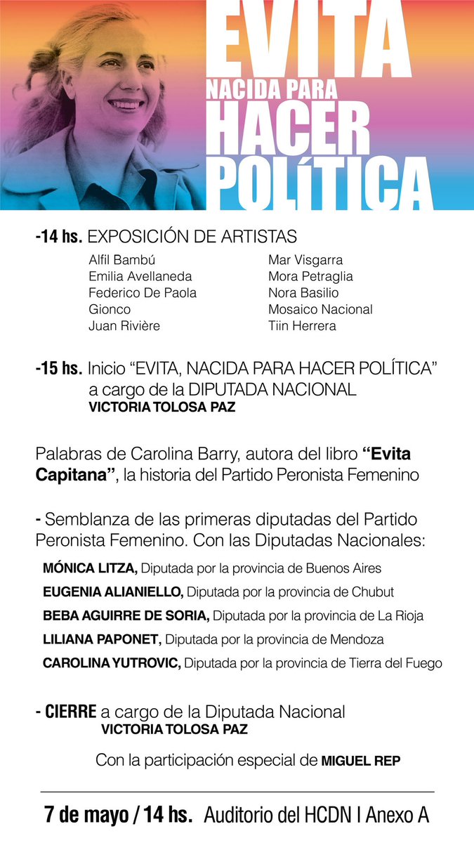 📌Martes 7 de mayo, en el Auditorio de la Cámara de Diputados de la Nación, homenajeamos a las primeras legisladoras del Partido Peronista Femenino. #EvitaCumple ¡Te esperamos! Anotate acá 👇🏽 forms.gle/CV5RpfrgeuGGrw…
