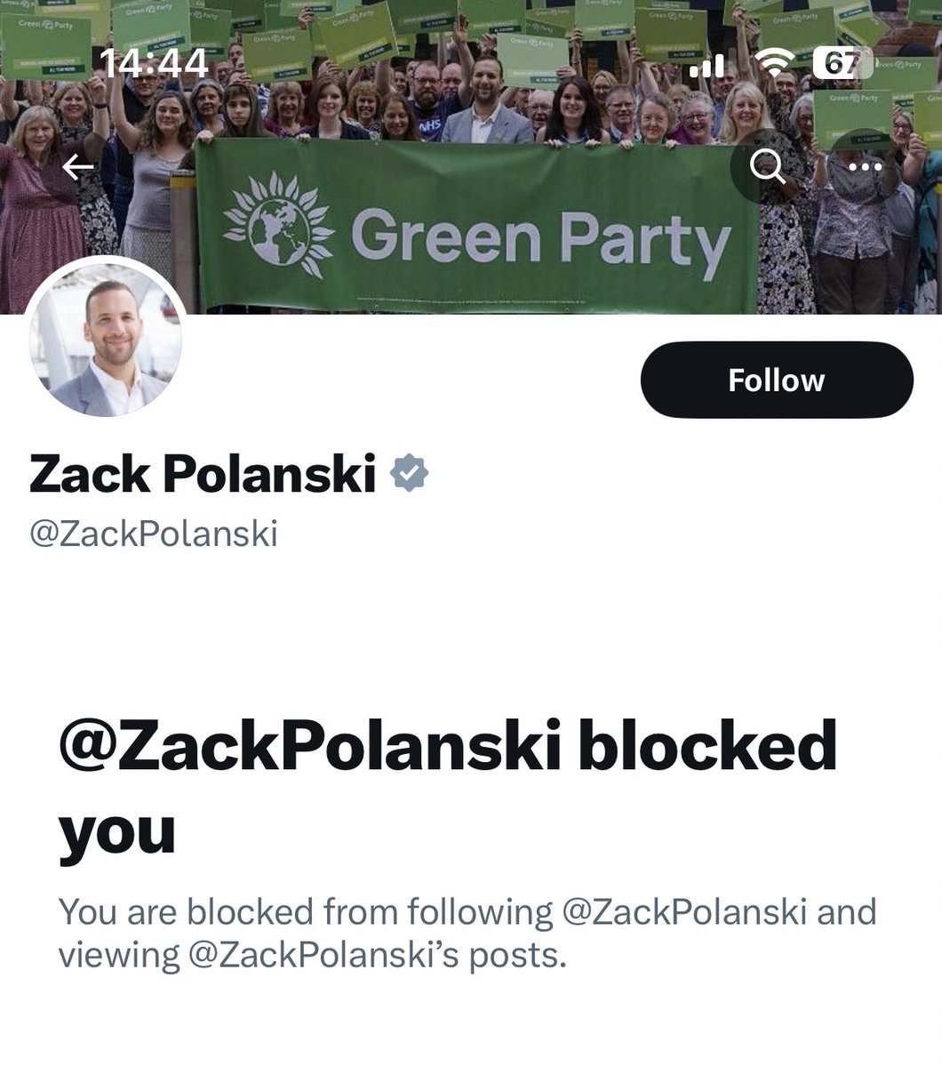 If you’re wondering what @ZackPolanski of @TheGreenParty did when I tweeted him about their Islamist antisemitic councillor… Well, he blocked me.