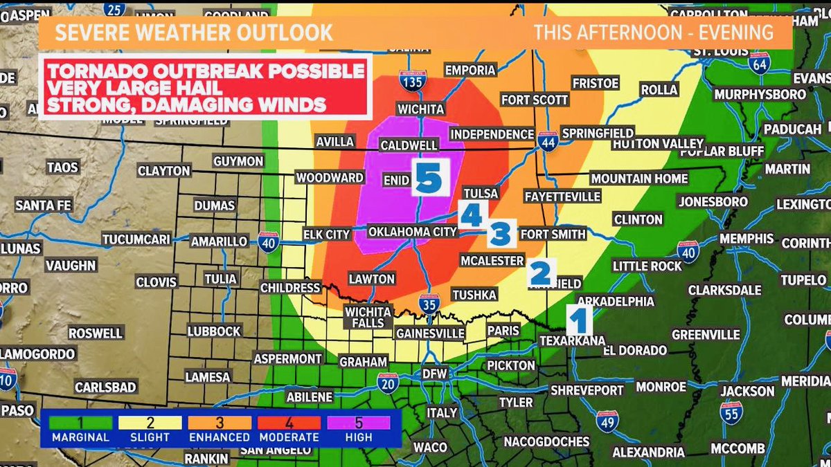 ‼️ La autoridad estatal ha emitido el nivel más alto de alerta de tormentas y 🌪️ para esta tarde y noche, en la mayor parte del centro de OK, con un nivel de riesgo de 5 desde el sur de OKC hasta Wichita, KS. Manténte atento al clima. Evita viajar y ubica un refugio (shelter).