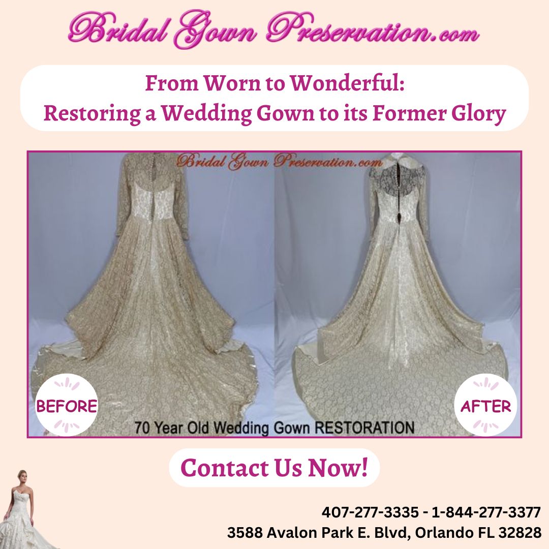 Experience the remarkable transformation of this cherished wedding gown! Witness our expert care & attention firsthand. Ready to revive your own special dress? Reach out today & let's bring your vision to life! #Orlando #WeddingGown #WeddingDressCleaning #WeddingDressRestoration