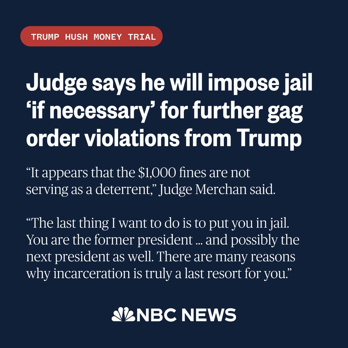 LIVE UPDATES: Judge Merchan holds former President Donald Trump in contempt for defying gag order again and says he will jail the former president “if necessary.” nbcnews.to/3WtIwQD