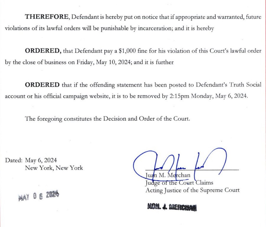 BREAKING: Judge Merchan to Donald Trump: “Defendant is hereby put on notice that if appropriate and warranted, future violations of its lawful orders will be punishable by incarceration.”