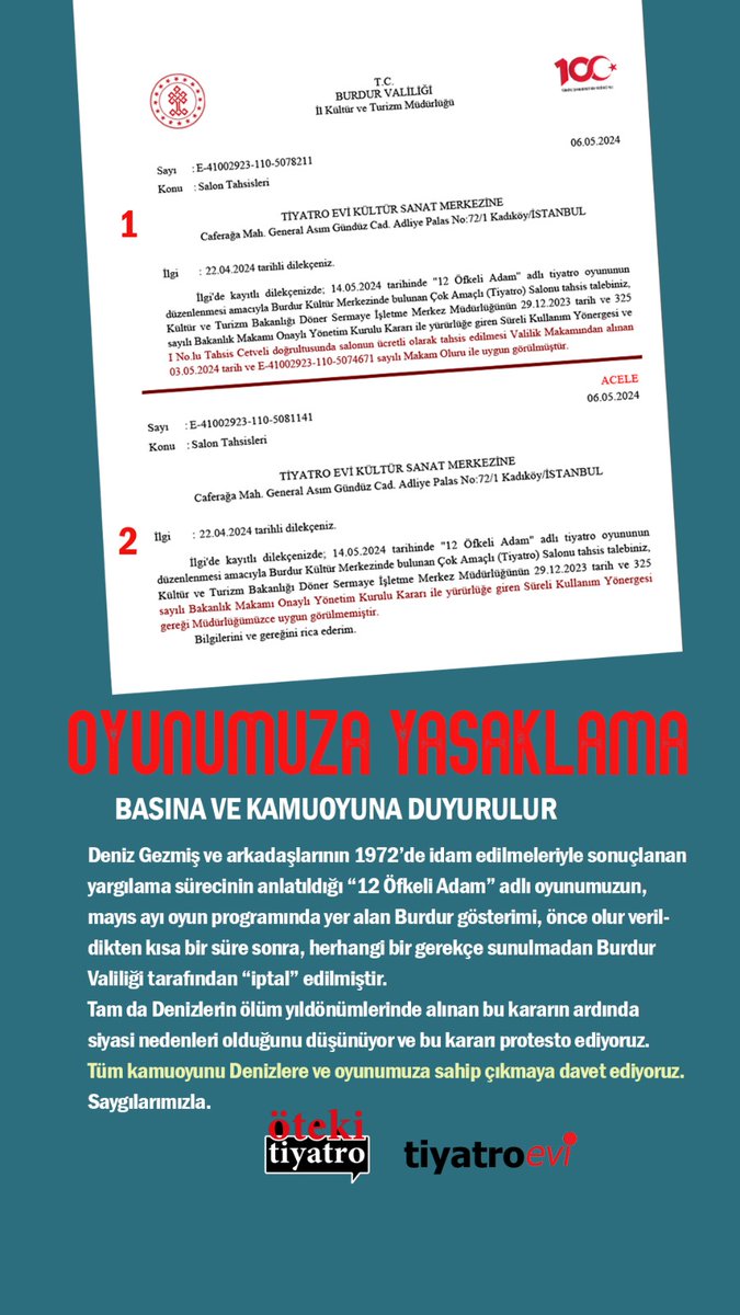 Burdur Valiliği haddini aşıp OYUN YASAKLAMIŞ.
Sansür-ötekileşme ve yasaklamada sınır tanımayan AKP #TürkiyeYüzyılı diye ne kadar övünse azdır!
@tiyatroevim