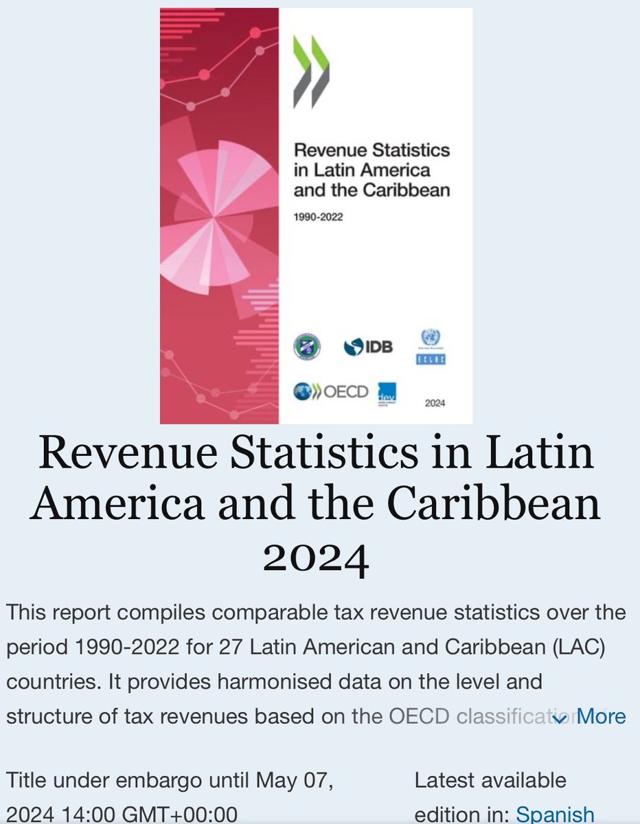 📢¡Mañana 7 de mayo 14:00 GMT lanzaremos en el XXXVI Seminario Regional de #PolíticaFiscal nuestro informe sobre nivel y estructura de impuestos en 27 países de #ALC vs. #OCDE! 📖#RevStatsLAC 2024 ➡️ @OECDdev @OECDtax @el_BID @cepal_onu @CIATorg con apoyo de @AECID_es Más info👇🏼